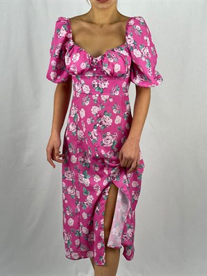 İthal Crep Kumaş Göğüs Büzgülü Elbise - Pembe