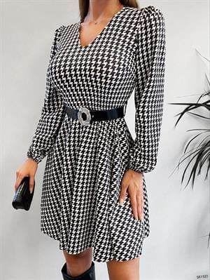 İthal Crep Kumaş Kazayağı Desen Kemerli Kloş Elbise