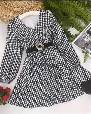 İthal Crep Kumaş Kazayağı Desen Kemerli Kloş Elbise