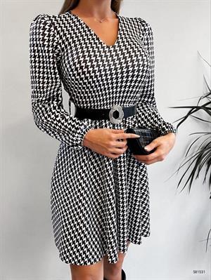 İthal Crep Kumaş Kazayağı Desen Kemerli Kloş Elbise