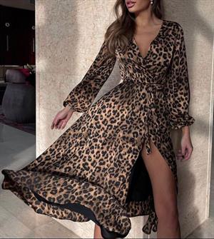 İthal Crep Kumaş Leopar Desen Anvalop Uzun Elbise 