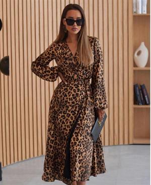 İthal Crep Kumaş Leopar Desen Anvalop Uzun Elbise 