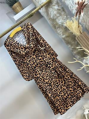 İthal Crep Kumaş Leopar Desen Anvalop Uzun Elbise 