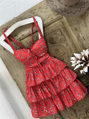 İthal Crep Kumaş Omuzlar Bağlamalı Kat Etekli Tasarım Elbise