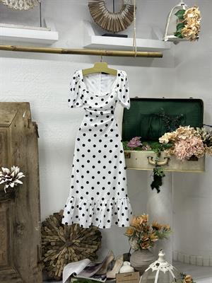 İthal Crep Kumaş Puantiye Desen Kare Yaka Beyaz Midi Boy Elbise