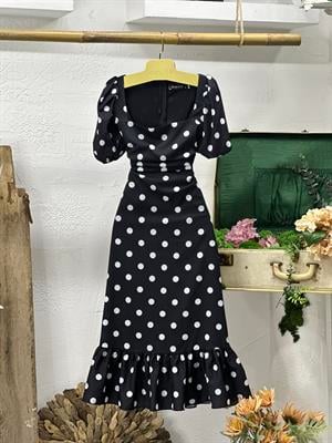 İthal Crep Kumaş Puantiye Desen Kare Yaka Siyah Midi Boy Elbise