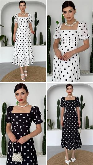 İthal Crep Kumaş Puantiye Desen Kare Yaka Beyaz Midi Boy Elbise