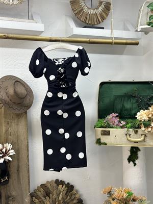 İthal Crep Kumaş Puantiye Desen Yan Yırtmaçlı Sırt Bağlama Detaylı Kalem Elbise