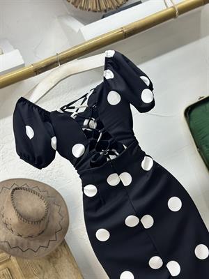 İthal Crep Kumaş Puantiye Desen Yan Yırtmaçlı Sırt Bağlama Detaylı Kalem Elbise