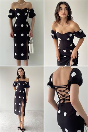 İthal Crep Kumaş Puantiye Desen Yan Yırtmaçlı Sırt Bağlama Detaylı Kalem Elbise