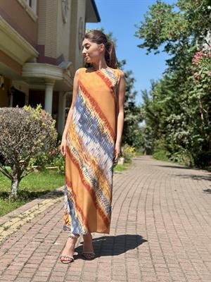 İthal Crep Kumaş Rahat Kalıp Kahve Desen Elbisemiz