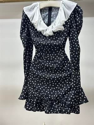 İthal Crep Kumaş Yaka Tül Fırfırlı Tasarım Siyah Elbise 