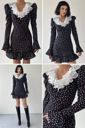 İthal Crep Kumaş Yaka Tül Fırfırlı Tasarım Siyah Elbise 