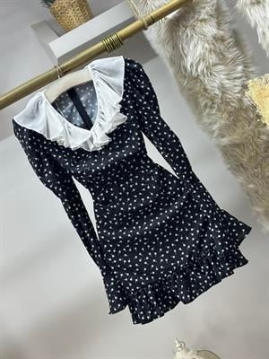 İthal Crep Kumaş Yaka Tül Fırfırlı Tasarım Siyah Elbise 