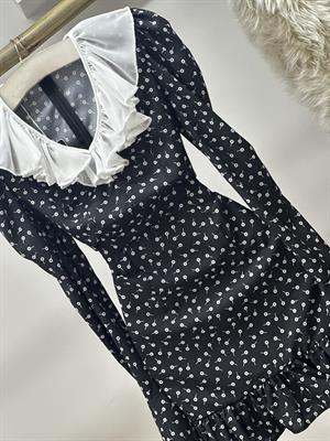 İthal Crep Kumaş Yaka Tül Fırfırlı Tasarım Siyah Elbise 