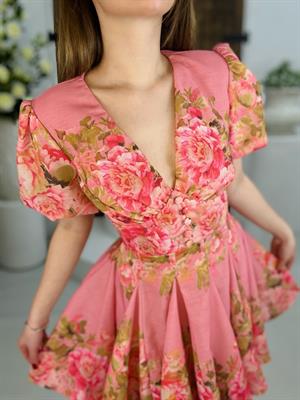 İthal Ham Keten Kumaş Balon Kol Kaplama Düğmeli Tasarım Elbise