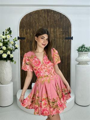 İthal Ham Keten Kumaş Balon Kol Kaplama Düğmeli Tasarım Elbise