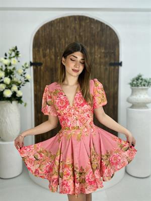 İthal Ham Keten Kumaş Balon Kol Kaplama Düğmeli Tasarım Elbise