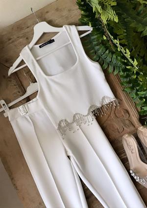 İthal Jakarlı Kumaş Kare Yaka Taş Zincirli Kolsuz Bluz