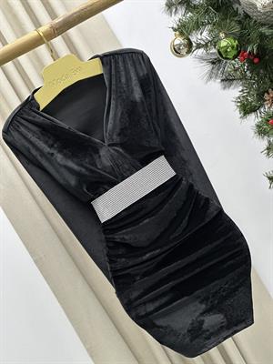 İthal Kadife Kumaş Drapeli Kruvaze Yaka Tasarım Elbise 