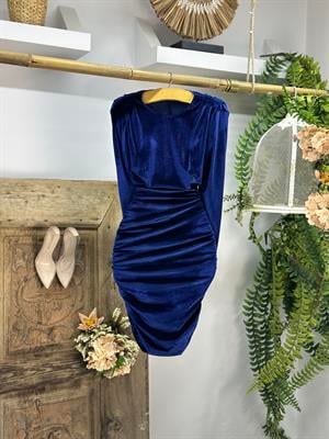 İthal Kadife Kumaş Drapeli Tasarım Elbise