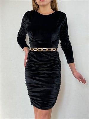 İthal Kadife Kumaş Drapeli Tasarım Elbise