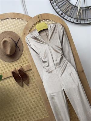 İthal Kadife Kumaş Kapişonlu Parmak Geçmeli Tulum