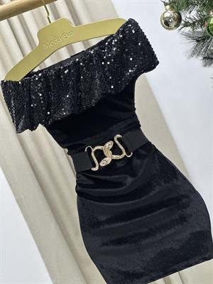 İthal Kadife Kumaş Madonna Yaka Payet Detaylı Tasarım Siyah Mini Elbise