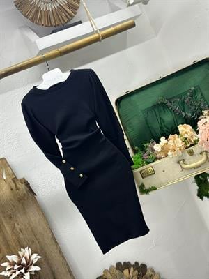 İthal Kaşkorse Kumaş Balon Kol Düğme Detaylı Siyah Kalem Elbisemiz