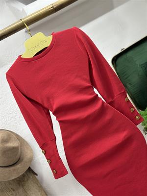 İthal Kaşkorse Kumaş Balon Kol Düğme Detaylı Kırmızı Kalem Elbisemiz