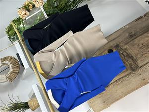 İthal Kaşkorse Kumaş Çapraz Yaka Detaylı Saks Kalem Elbisemiz