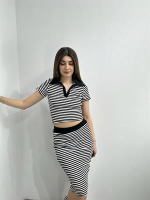 İthal Kaşkorse Kumaş Çizgi Desen Gömlek Yaka Etekli Takım 