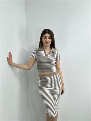 İthal Kaşkorse Kumaş Çizgi Desen Gömlek Yaka Etekli Takım 