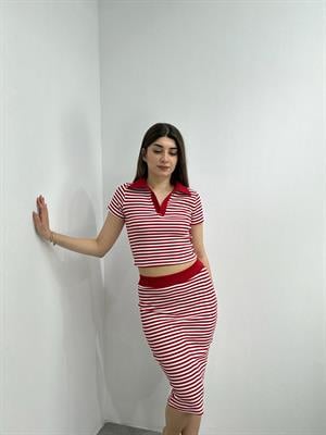 İthal Kaşkorse Kumaş Çizgi Desen Gömlek Yaka Etekli Takım 