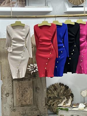 İthal Kaşkorse Kumaş Eteği Gold Düğme Detaylı Uzun Kollu Kalem Elbisemiz 