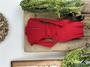 İthal Kaşkorse Kumaş Fırfır Detaylı Gümüş Düğme Detaylı Kırmızı Kalem Elbisemiz 