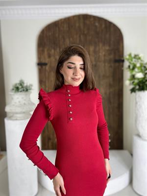 İthal Kaşkorse Kumaş Fırfır Detaylı Gümüş Düğme Detaylı Kırmızı Kalem Elbisemiz 