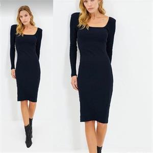 İthal Kaşkorse Kumaş Kare Yaka Uzun Kollu Saks Kalem Elbisemiz