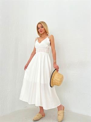 İthal Keten Kumaş Astarlı Beli Gipeli Askılar Bağlamalı Uzun Elbise