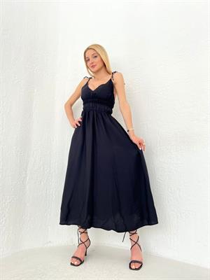 İthal Keten Kumaş Astarlı Beli Gipeli Askılar Bağlamalı Uzun Elbise