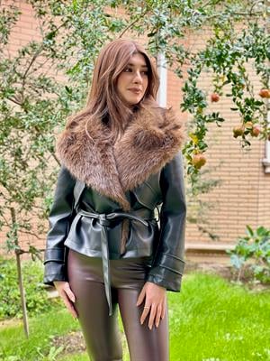 İthal Kürklü Kuşaklı Deri Ceket