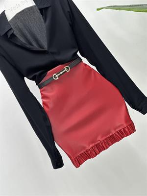 İthal Likralı Deri Fırfır Detaylı Kırmızı Etek