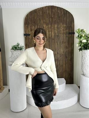 İthal Likralı Deri Fırfır Detaylı Siyah Etek