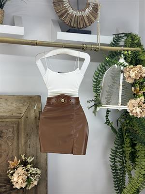 İthal Likralı Deri Yırtmaç Detaylı Mini Kahverengi  Etek