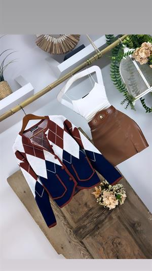 İthal Likralı Deri Yırtmaç Detaylı Mini Kahverengi  Etek