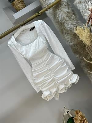 İthal Parlak Tafta Kumaş Kare Yaka Drapeli Tasarım Elbise