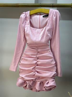 İthal Parlak Tafta Kumaş Kare Yaka Drapeli Tasarım Elbise