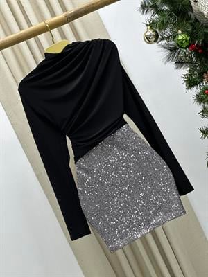 İthal Payet Kumaş Tasarım Mini Etek Gümüş