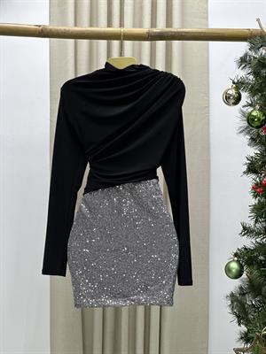 İthal Payet Kumaş Tasarım Mini Etek Gümüş