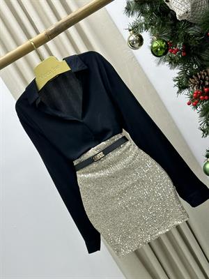 İthal Payet Kumaş Tasarım Mini Etek Gold